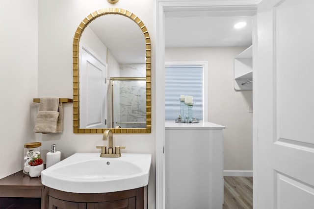 bathroom featuring wood-type flooring, an enclosed shower, and sink