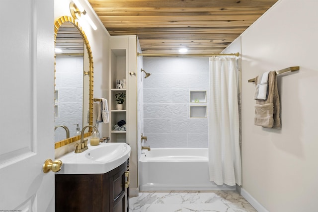 bathroom with wood ceiling, vanity, and shower / bath combination with curtain