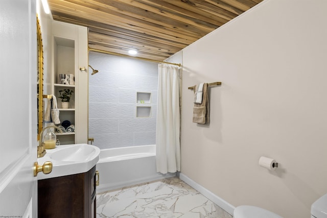 full bathroom with vanity, toilet, shower / tub combo, and wooden ceiling