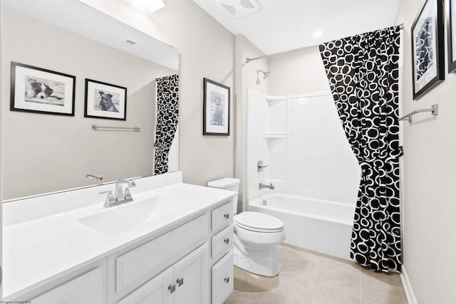 full bathroom with vanity, shower / bath combo, tile patterned floors, and toilet