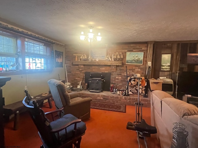 living room with brick wall, carpet floors, a textured ceiling, and a wood stove