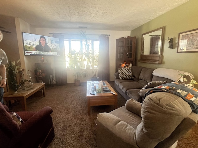 carpeted living room with a textured ceiling