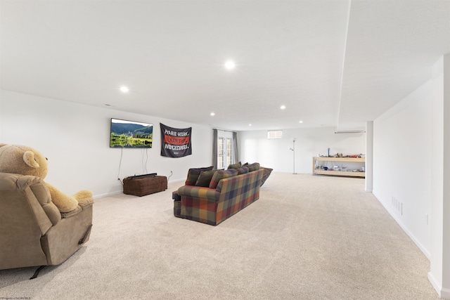 living room featuring light colored carpet