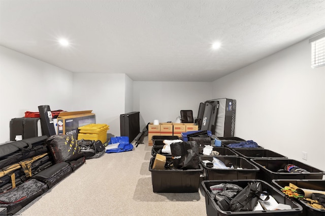 miscellaneous room with carpet flooring and a textured ceiling