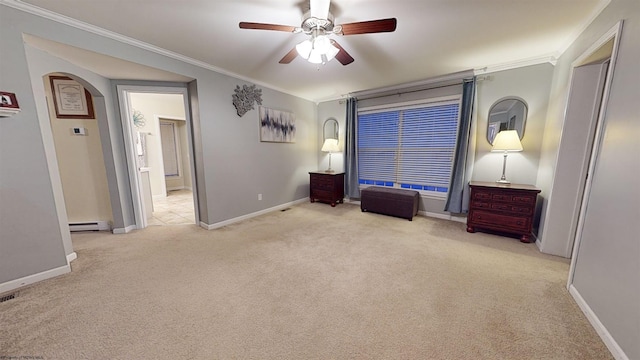 unfurnished room featuring baseboard heating, ceiling fan, ornamental molding, and light carpet