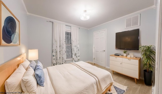 bedroom with light colored carpet and ornamental molding