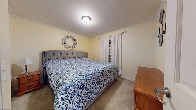 bedroom with crown molding and light colored carpet