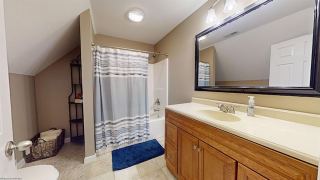 full bathroom featuring lofted ceiling, tile patterned flooring, vanity, toilet, and shower / bathtub combination with curtain