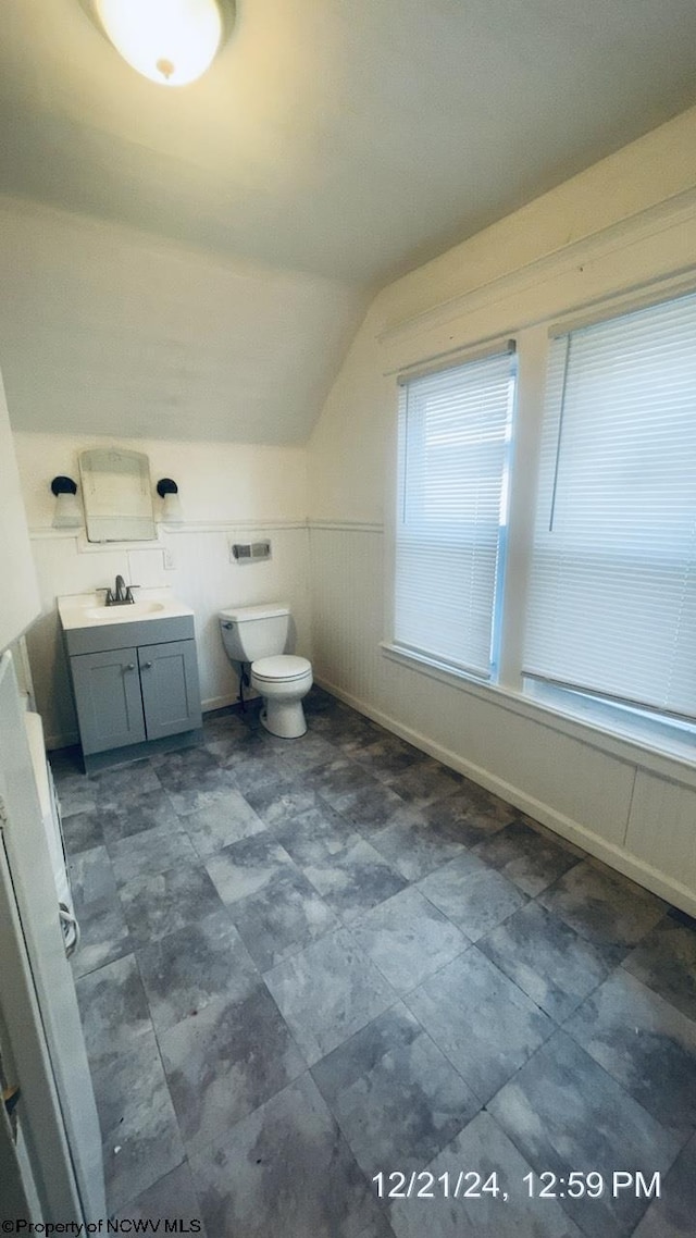 bathroom featuring vanity, toilet, and vaulted ceiling