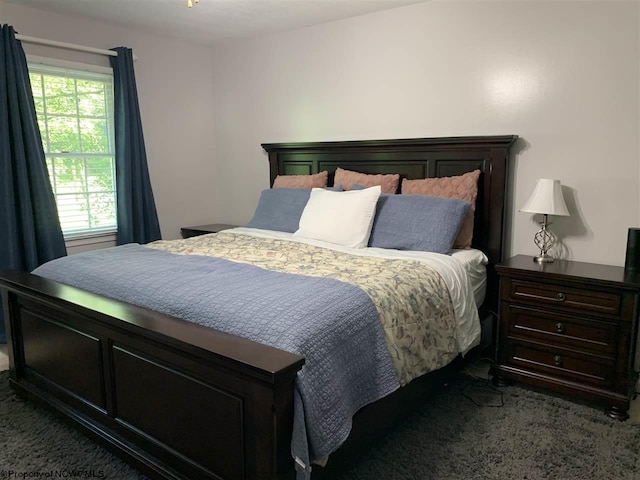 bedroom featuring dark carpet