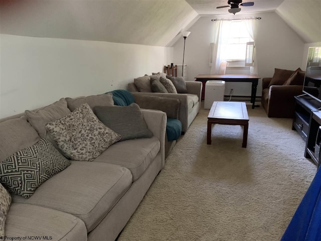 carpeted living room with vaulted ceiling and ceiling fan