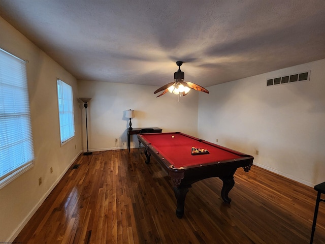 rec room featuring dark wood-type flooring, pool table, and ceiling fan