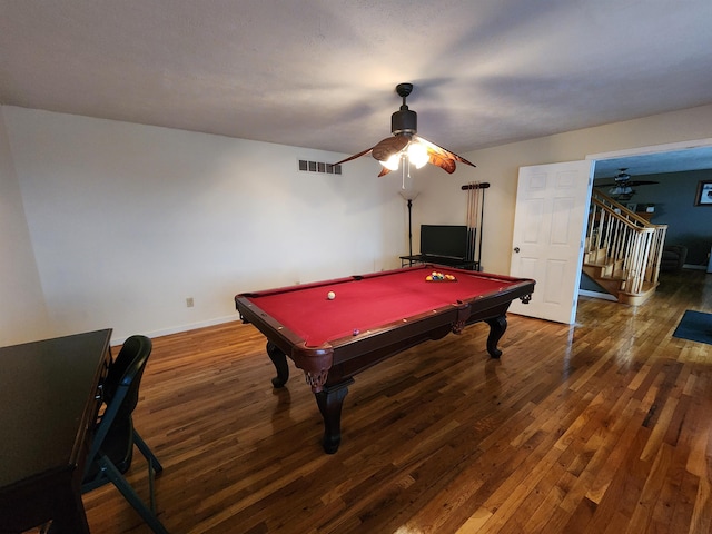 rec room featuring dark wood-type flooring, pool table, and ceiling fan