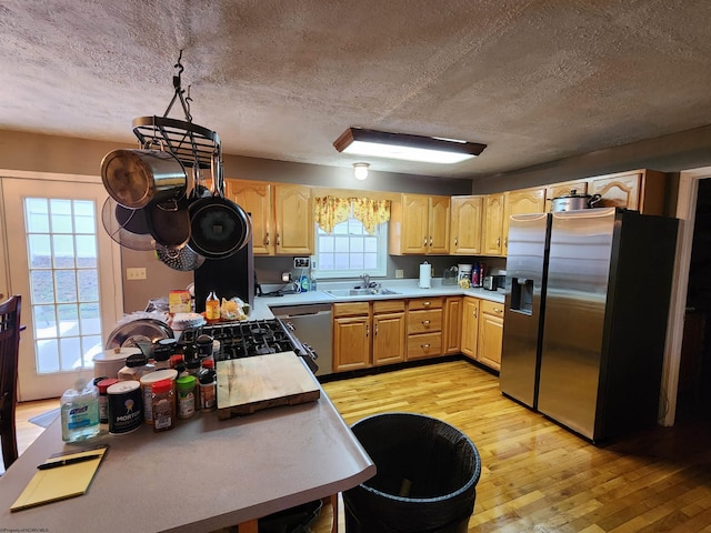 kitchen with stainless steel appliances, sink, light brown cabinetry, and light hardwood / wood-style floors