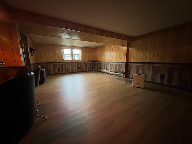 interior space featuring hardwood / wood-style floors and wood walls