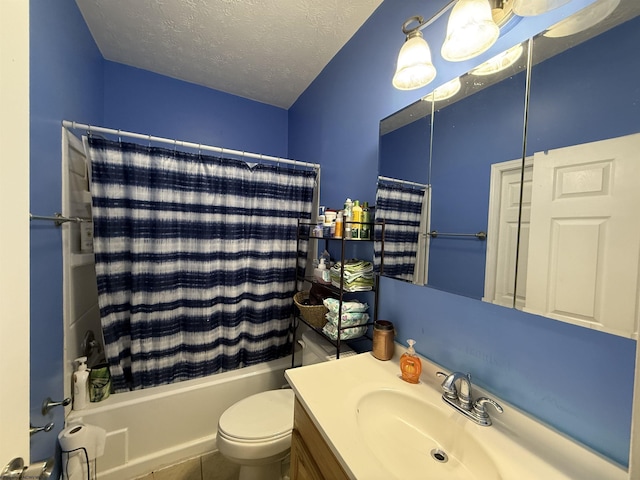 full bathroom featuring vanity, toilet, a textured ceiling, and shower / bath combo