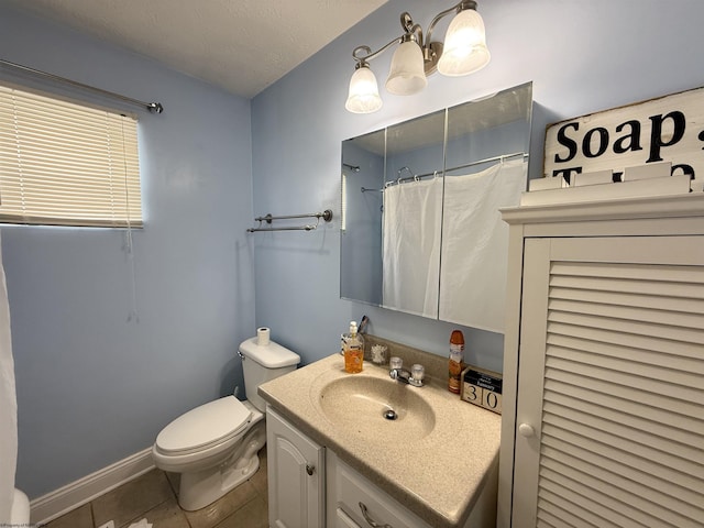 bathroom featuring vanity, a textured ceiling, curtained shower, tile patterned floors, and toilet