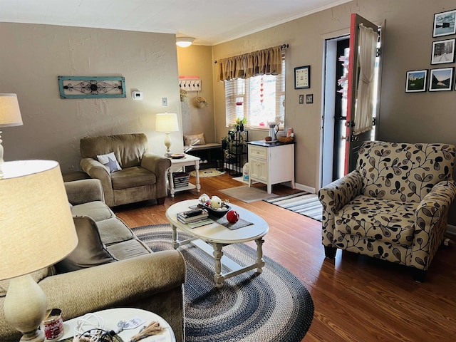 living room featuring wood-type flooring and ornamental molding