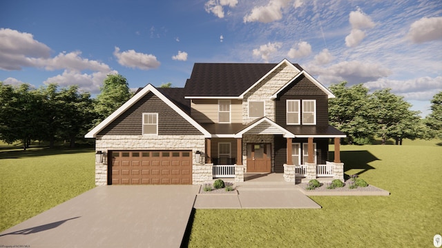 craftsman-style house featuring a porch, a garage, and a front yard