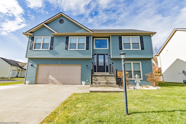 split foyer home with a garage and a front lawn