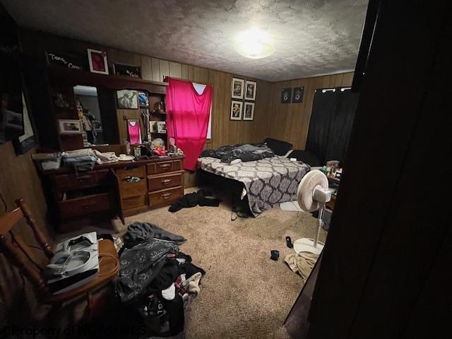 bedroom featuring carpet and wood walls