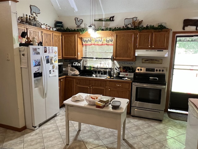 kitchen with sink, stainless steel electric range oven, vaulted ceiling, light tile patterned floors, and white refrigerator with ice dispenser