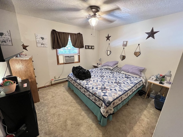 bedroom with cooling unit, light colored carpet, ceiling fan, baseboard heating, and a textured ceiling