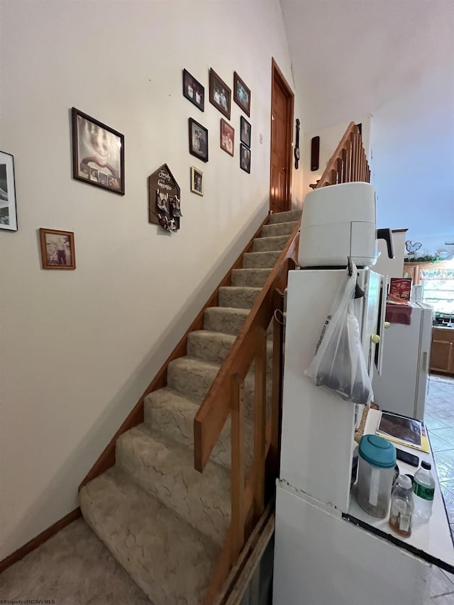 stairway featuring carpet flooring