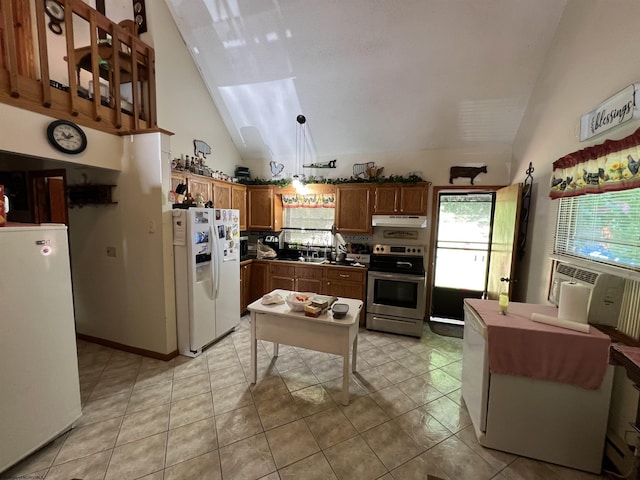 kitchen with decorative light fixtures, high vaulted ceiling, white refrigerator, stainless steel electric stove, and white refrigerator with ice dispenser