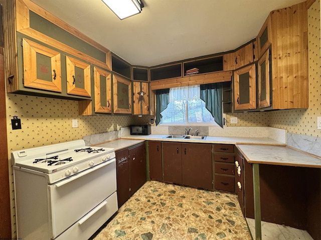 kitchen featuring sink, dark brown cabinets, and gas range gas stove