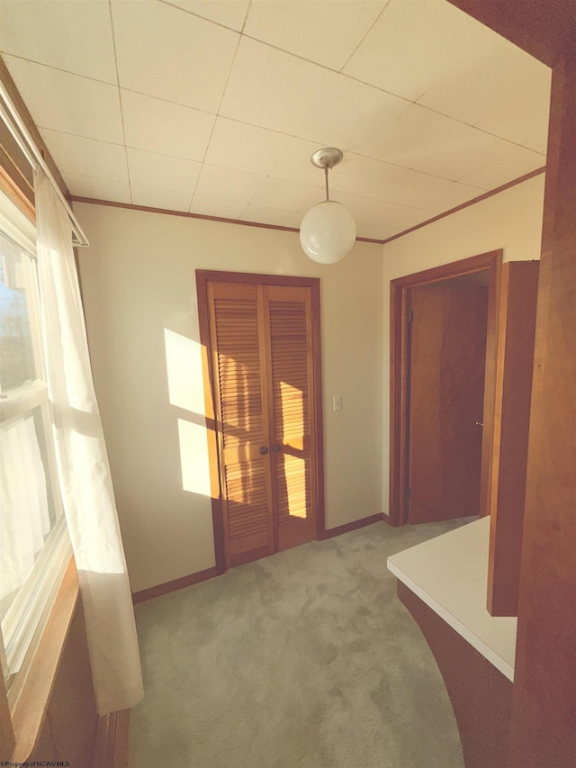 unfurnished room featuring ornamental molding, carpet flooring, and french doors