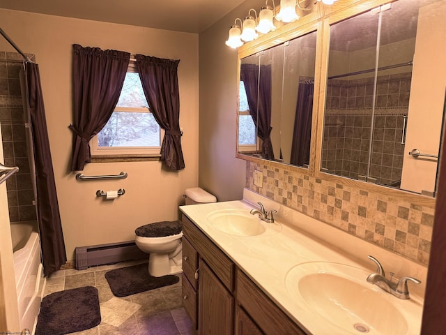 full bathroom with shower / bath combo, baseboard heating, toilet, tasteful backsplash, and vanity