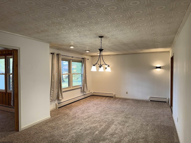 carpeted spare room featuring baseboard heating and crown molding