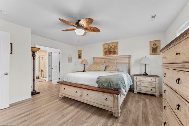 bedroom with light hardwood / wood-style flooring and ceiling fan