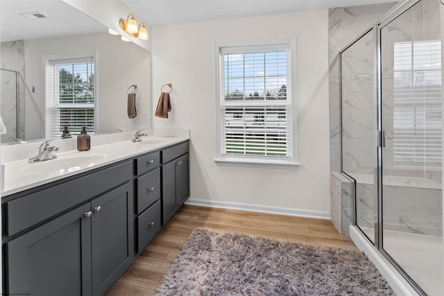 bathroom with a shower with door and vanity