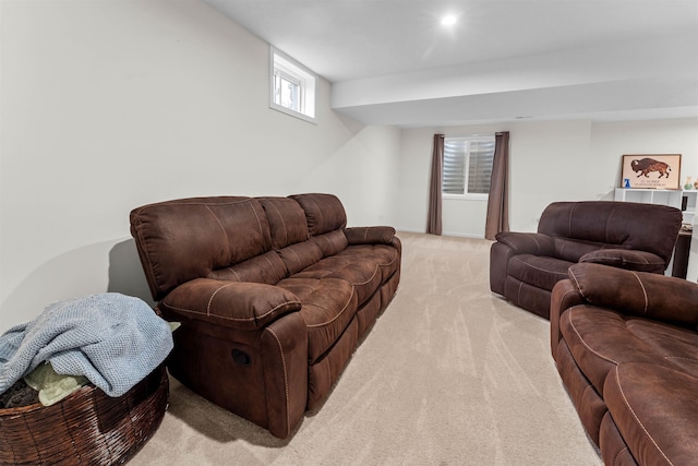 living room with light colored carpet