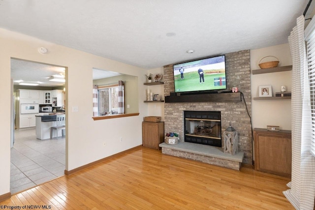 living room featuring a fireplace and light hardwood / wood-style flooring