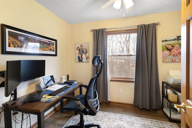 office space with ceiling fan, light hardwood / wood-style flooring, and a textured ceiling