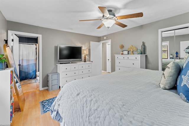 bedroom featuring ceiling fan and light wood-type flooring