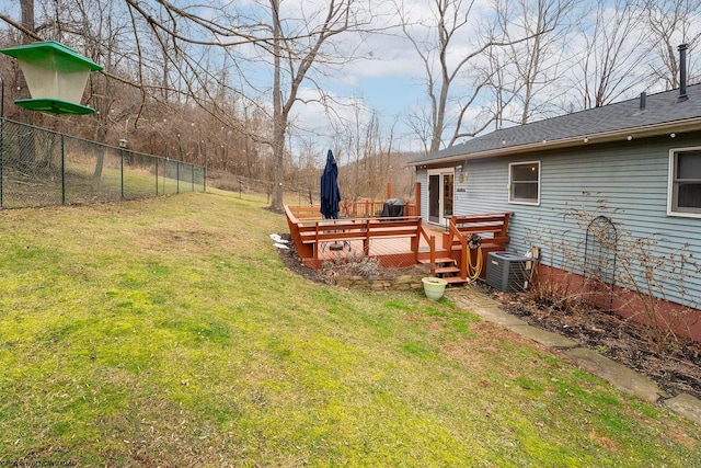 view of yard with cooling unit and a deck