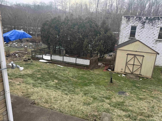 view of yard featuring a storage unit and a deck