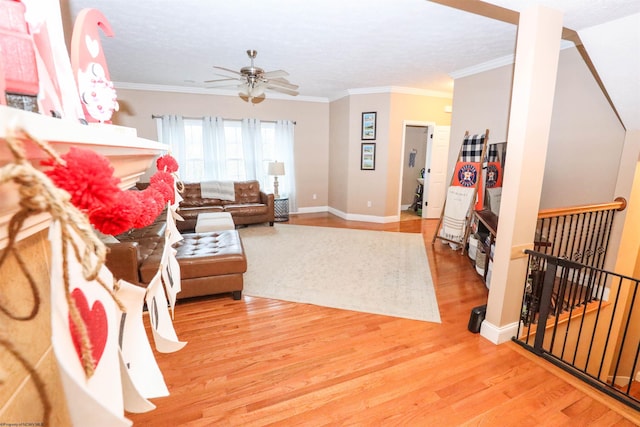 living room with crown molding, light hardwood / wood-style floors, and ceiling fan