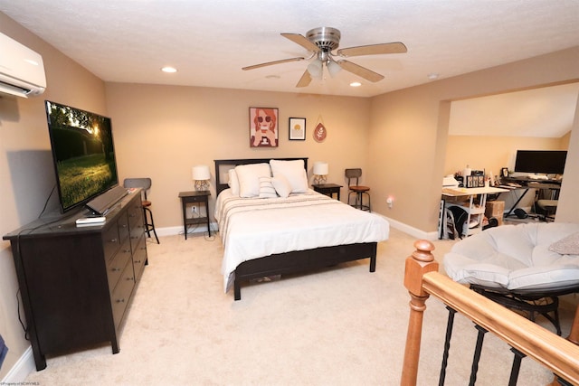 carpeted bedroom with ceiling fan and an AC wall unit