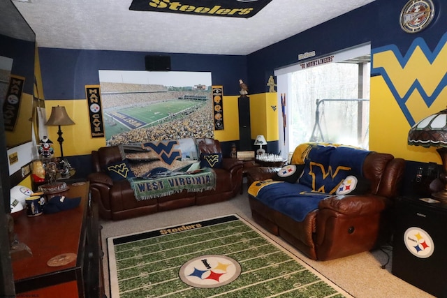 carpeted living room featuring a textured ceiling