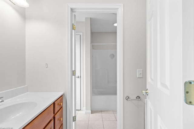 bathroom featuring vanity, tile patterned floors, and walk in shower