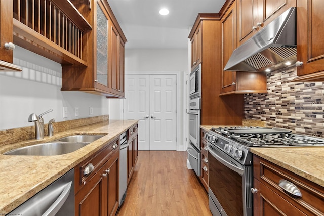 kitchen featuring sink, ventilation hood, light wood-type flooring, appliances with stainless steel finishes, and light stone countertops