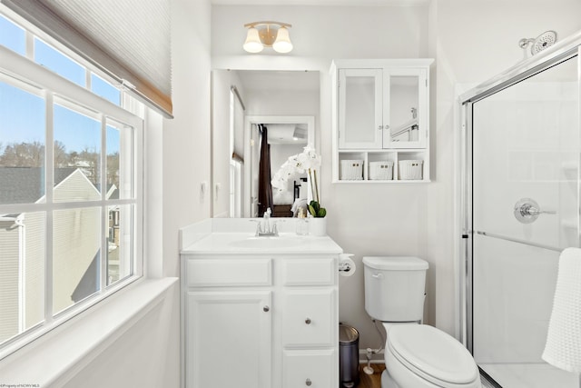 bathroom featuring vanity, an enclosed shower, and toilet