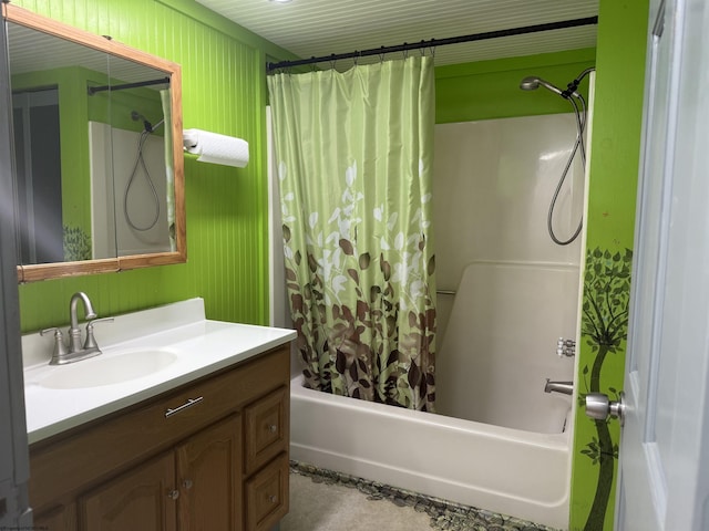 bathroom featuring shower / bath combination with curtain and vanity