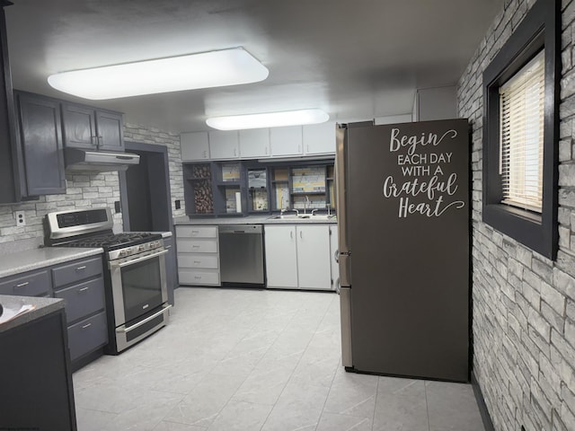 kitchen with under cabinet range hood, appliances with stainless steel finishes, and a sink