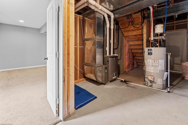 basement featuring heating unit and water heater